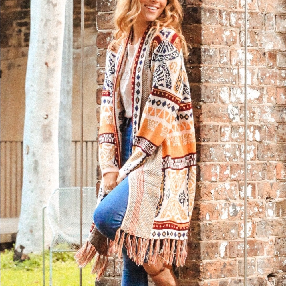 SALE Aztec Print Warm Multicolored Long Open Front Fringe Cardigan